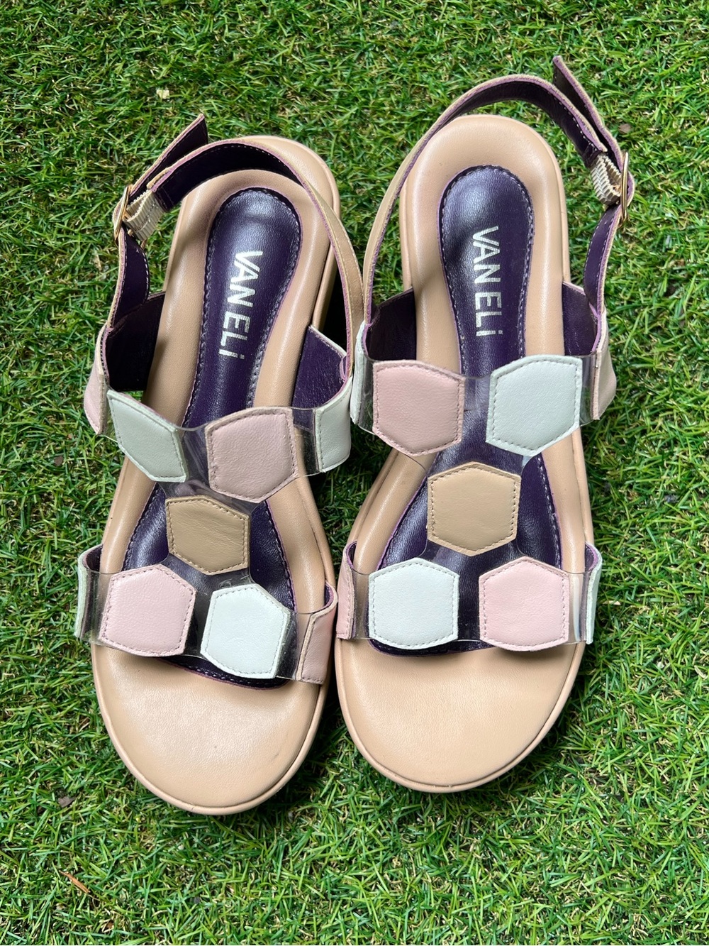 Vaneli Multicolor Pastel Hexagon Leather Slingback Sandals